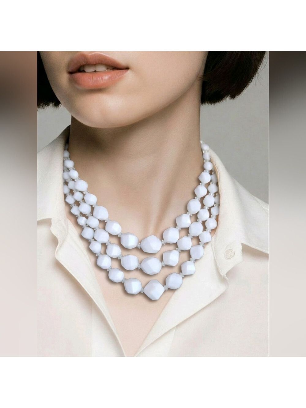 Vintage Multi Strand White Bead Statement Necklace Bridal Wedding